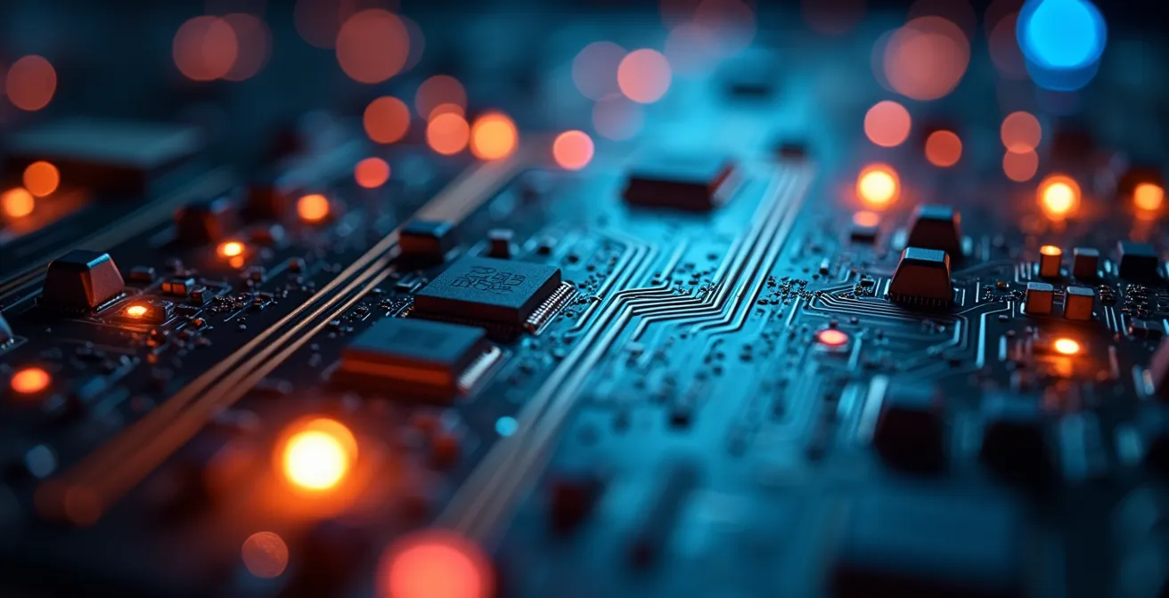 Vue macro d'un circuit imprimé avec reflets lumineux colorés symbolisant le traitement des données