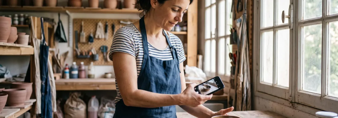 Artisan photographiant sa création avec son smartphone dans son atelier, lumière naturelle, geste de cadrage soigné