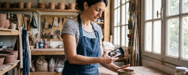 Artisan photographiant sa création avec son smartphone dans son atelier, lumière naturelle, geste de cadrage soigné