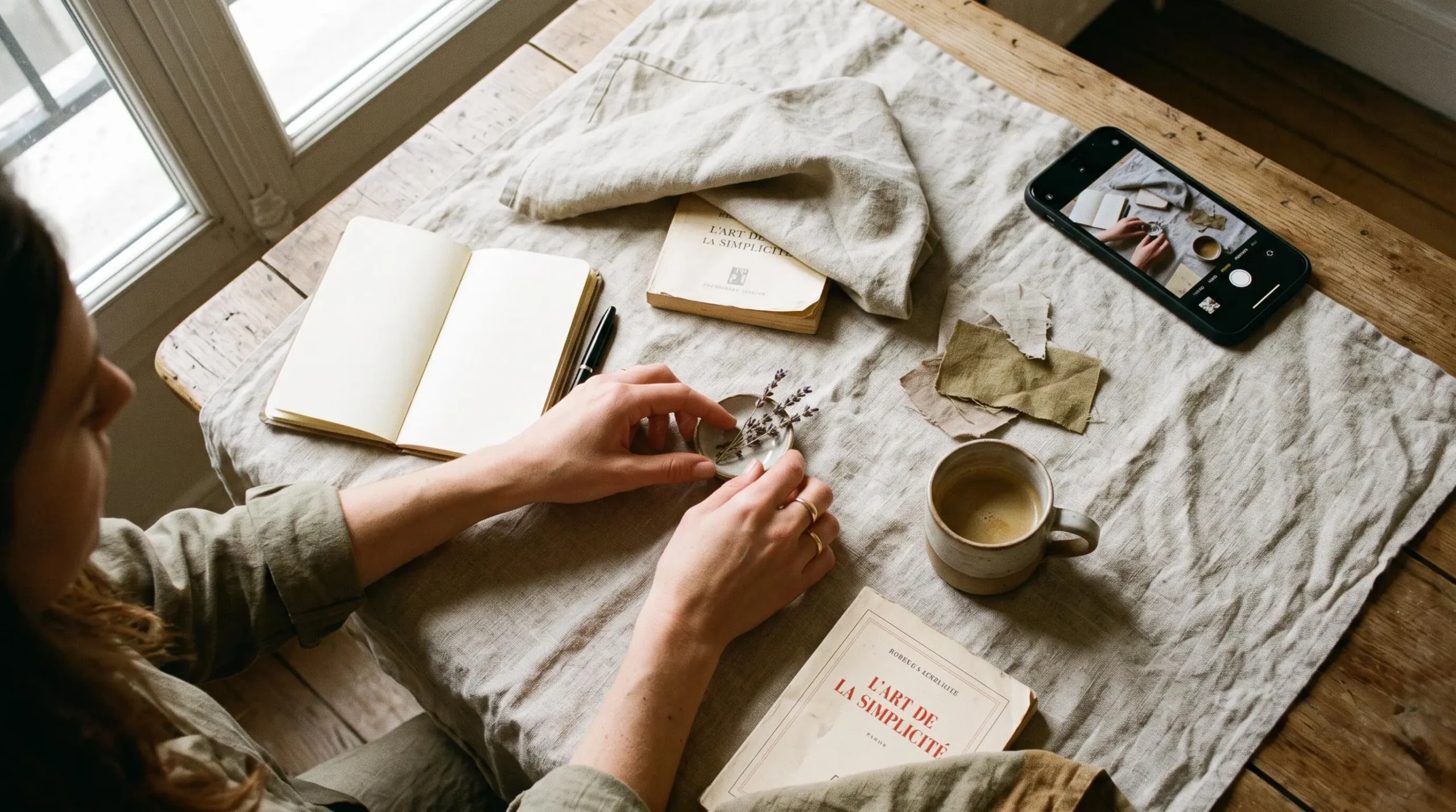 Vue de dessus de mains arrangeant des produits et accessoires pour créer une composition flat lay, smartphone et éléments de stylisme, lumière naturelle